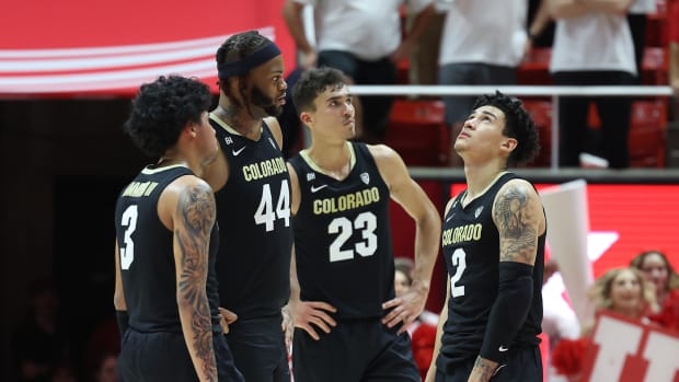 Feb 3, 2024; Salt Lake City, Utah, USA; The Colorado Buffaloes huddle before foul shots by the Utah Utes during the second half at Jon M. Huntsman Center
